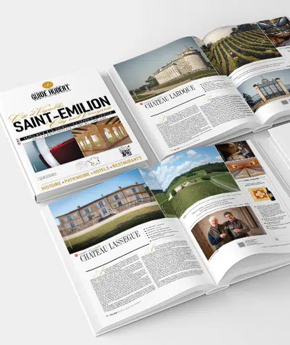 Rédaction journalistique et mise en page du livre collector des Grands Crus Classés de Saint Emilion. Editeur Guide Hubert